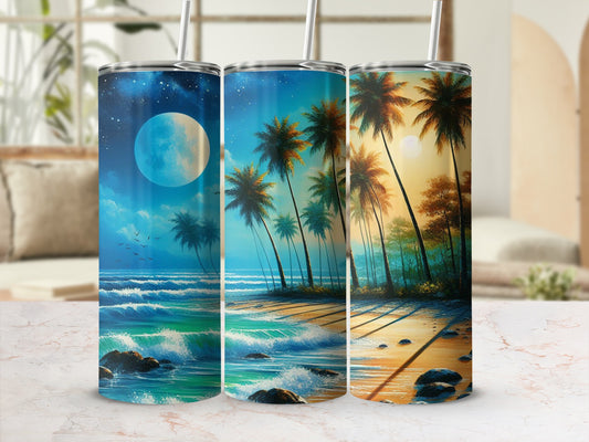Three tumblers with beach and palm tree sunset scenes.