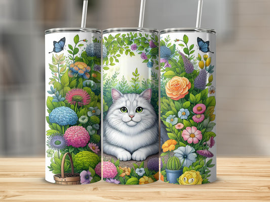 White cat surrounded by vibrant floral arrangements on three tumblers.