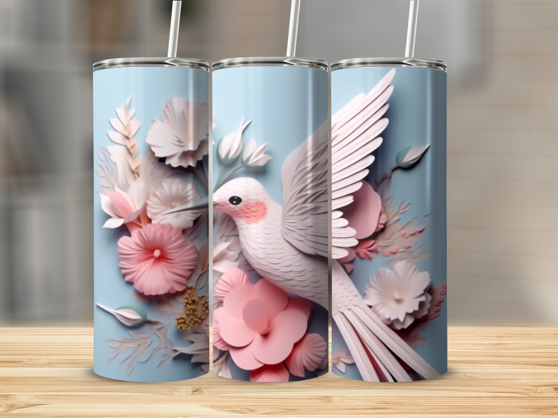 White bird with pink accents among soft pink and white flowers on a light blue background.