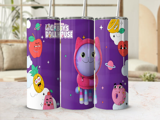 Gabby's Dollhouse character on purple tumbler with fruit and planet designs.
