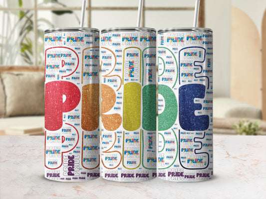Three tumblers with rainbow "Pride" text pattern on a blurred background.