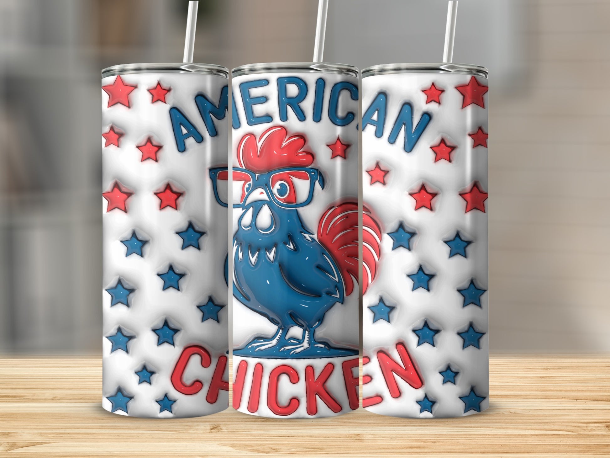American Chicken tumbler with blue rooster and red stars pattern.