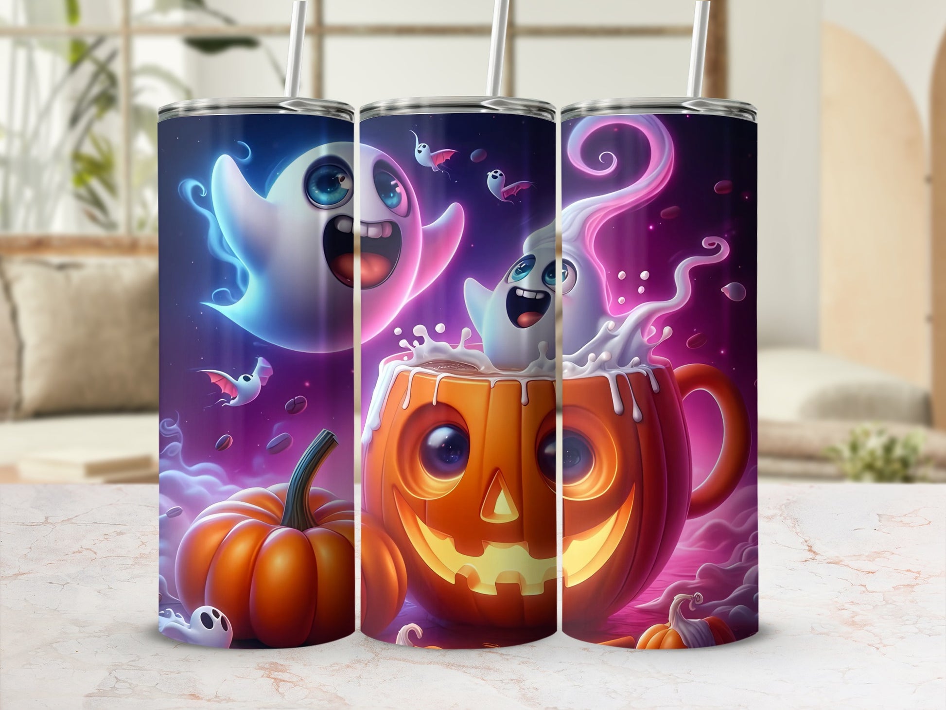 Three Halloween-themed tumblers with ghosts and pumpkins against a purple, starry background.