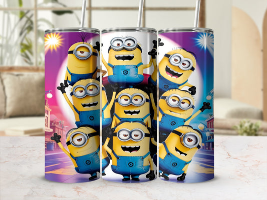 Minions characters in blue overalls with straw on patterned background.