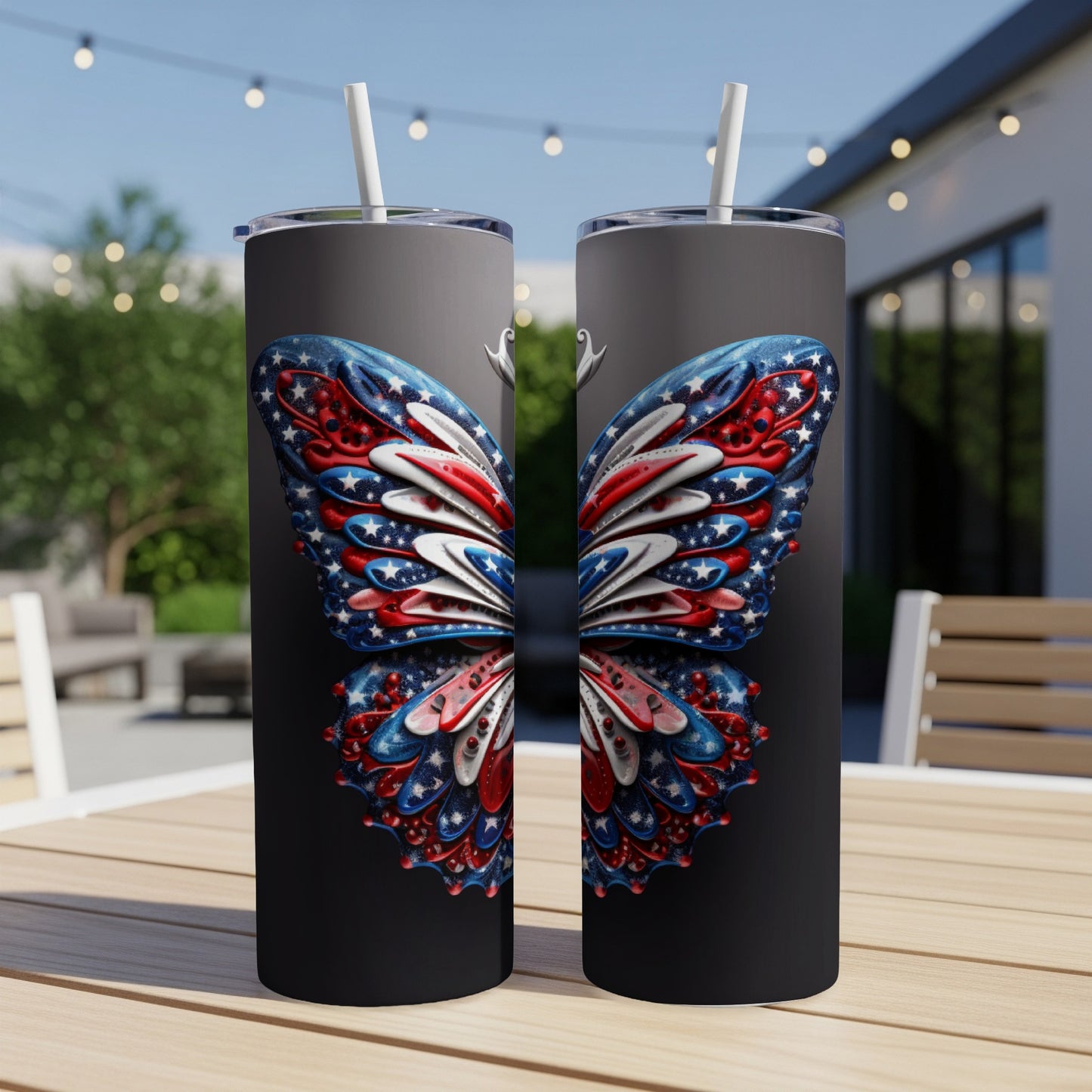 Two tumblers with American flag butterfly wings on a dark background.
