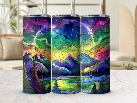 Three tumblers featuring a stained-glass aurora borealis landscape design.
