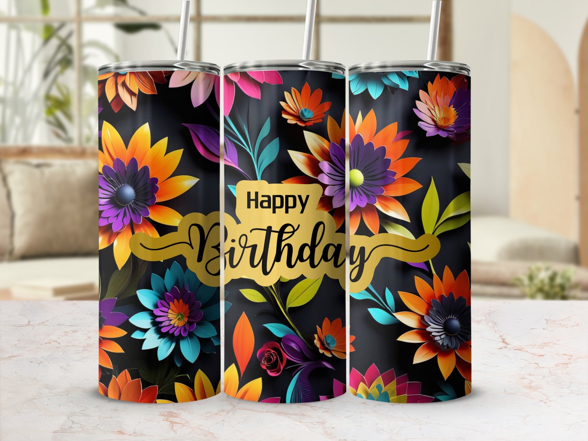Floral "Happy Birthday" tumbler with colorful flowers and leaves.