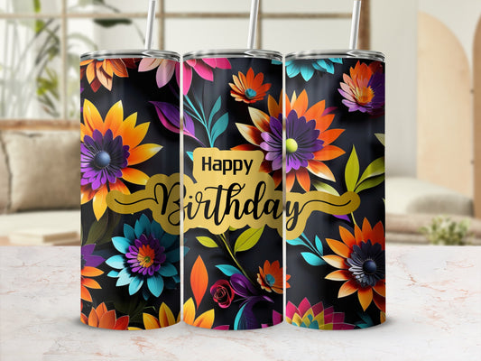 Floral "Happy Birthday" tumbler with colorful flowers and leaves.