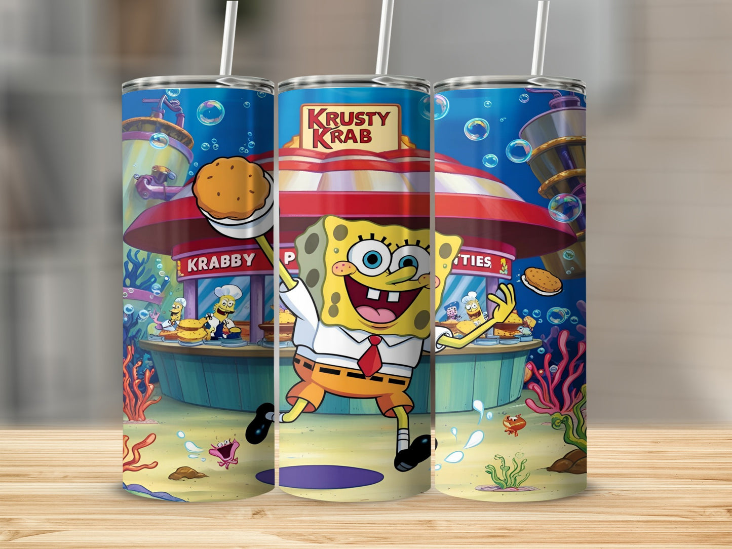 SpongeBob SquarePants holding a Krabby Patty outside the Krusty Krab.