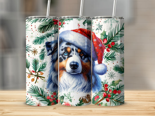 Christmas dog portrait on three tall skinny tumblers with evergreen branches.