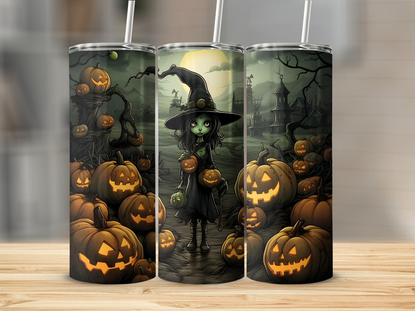 Halloween tumbler design with a witch surrounded by carved pumpkins and spooky scenery.