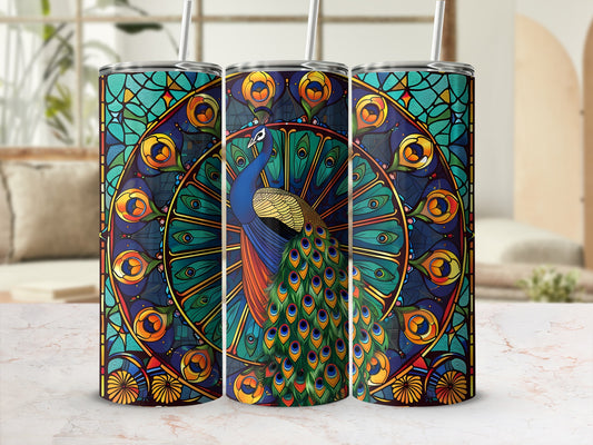 Three tumblers with stained glass peacock design.