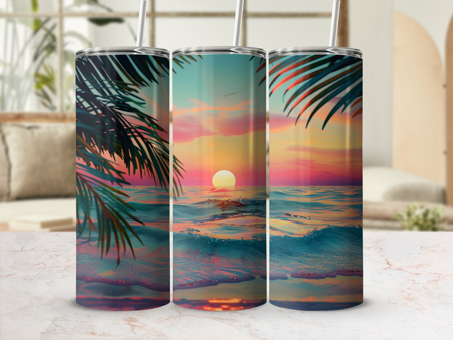 Three tumblers featuring a vibrant sunset over ocean waves with palm fronds.