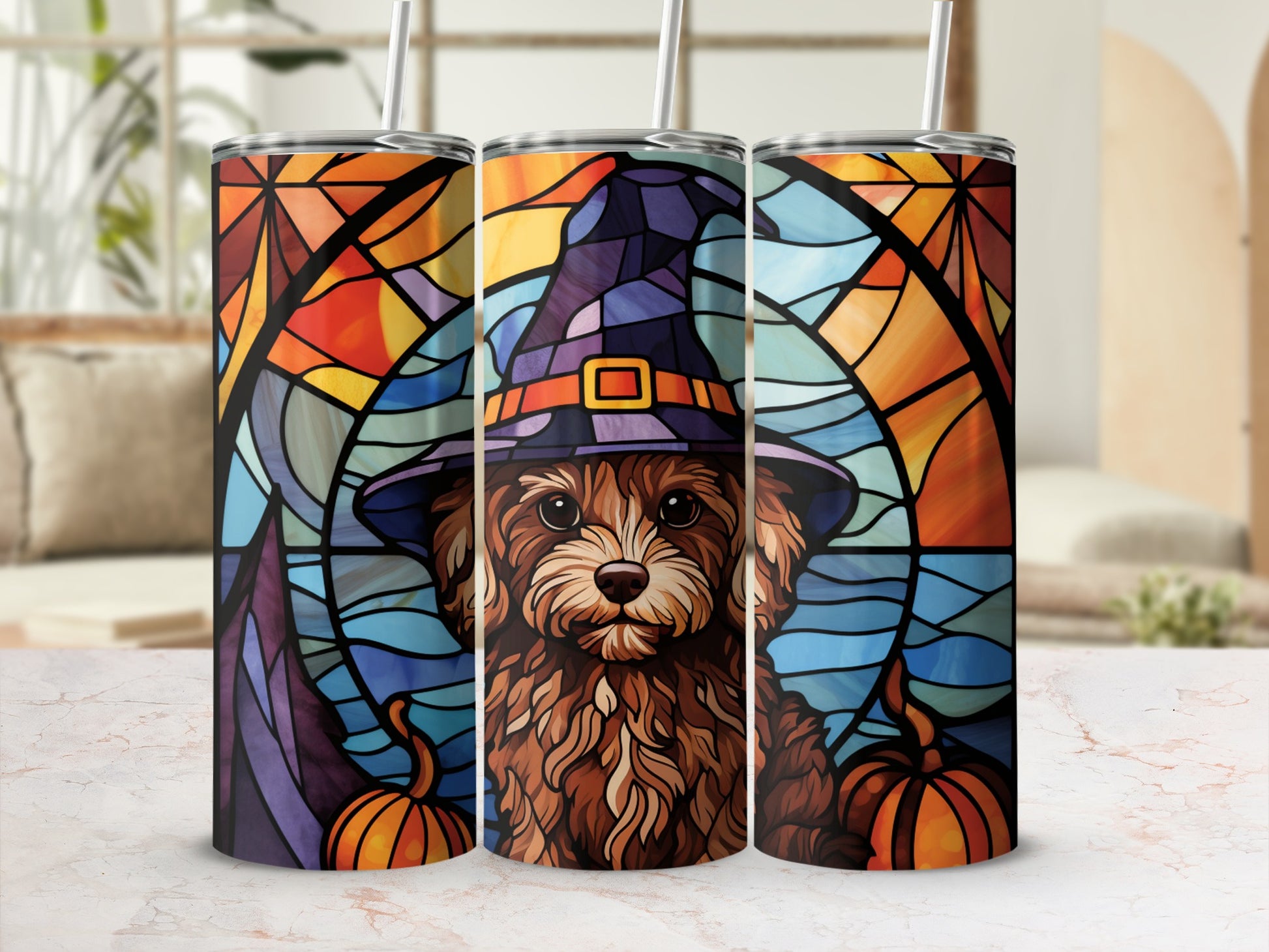 Dog in witch hat with pumpkins, stained glass background.