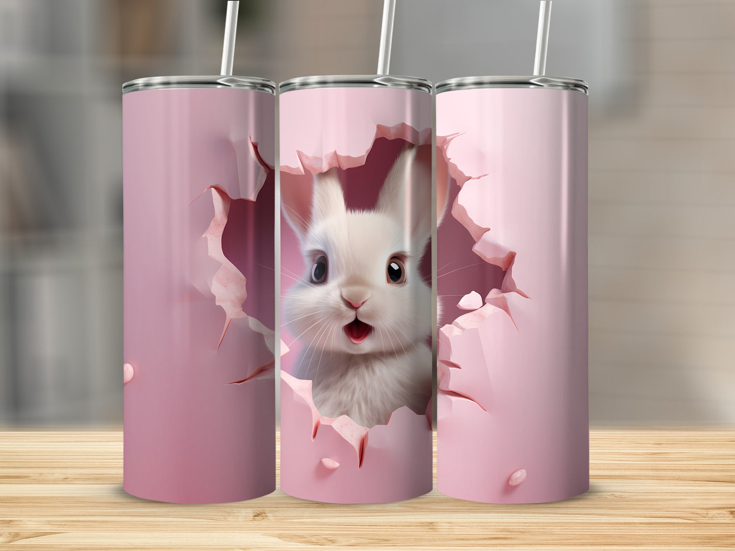 Cute Bunny Breaking Through Pink Wall Tumbler Product