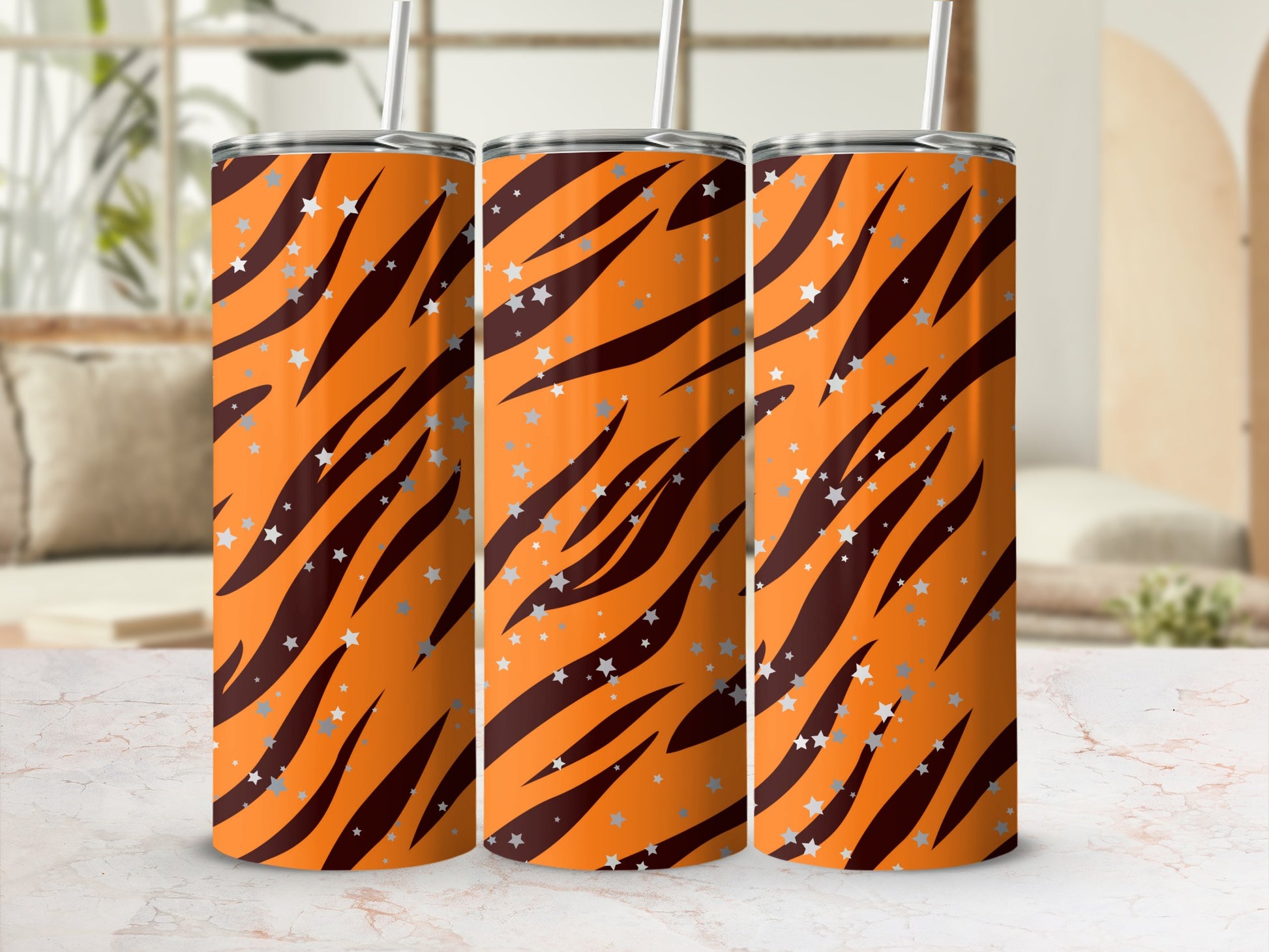 Orange and Black Tiger Print Tumbler with Star Design