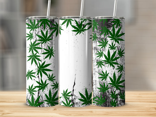 Three tall, narrow tumblers with green cannabis leaf pattern.