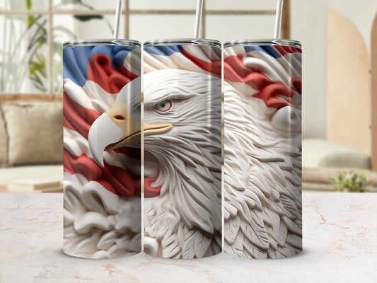 Eagle profile with American flag pattern on cylindrical tumbler.