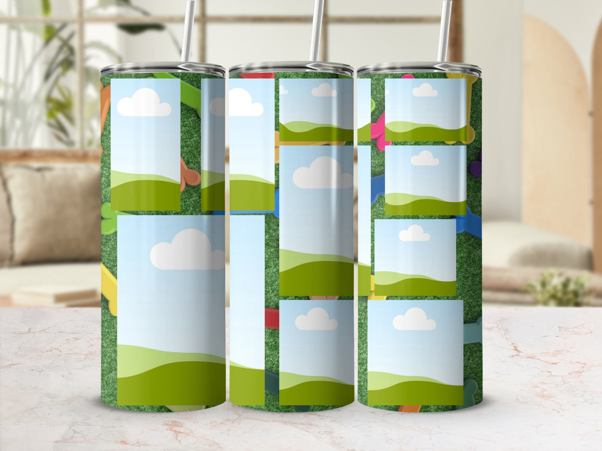 Three tumblers with a grassy background and photo frame design.
