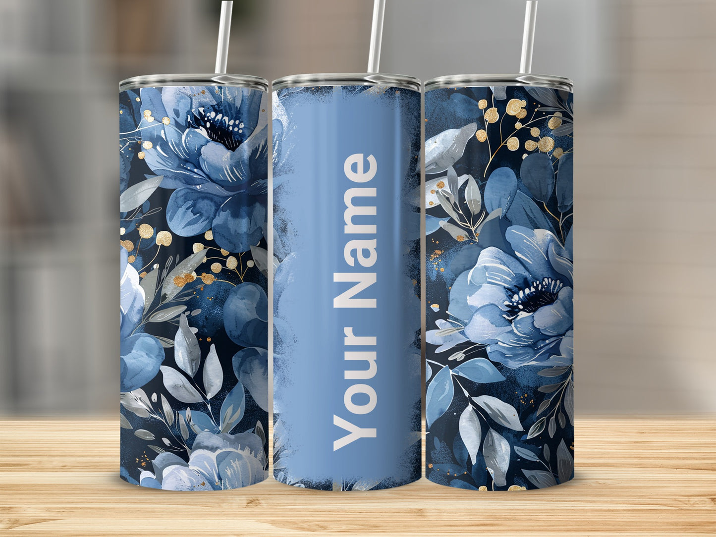 Personalized Blue Floral Custom Name Tumbler
