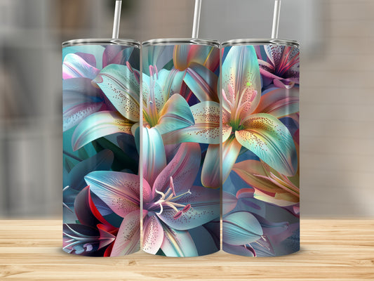 Three tumblers with a colorful lily flower pattern on a wooden surface.