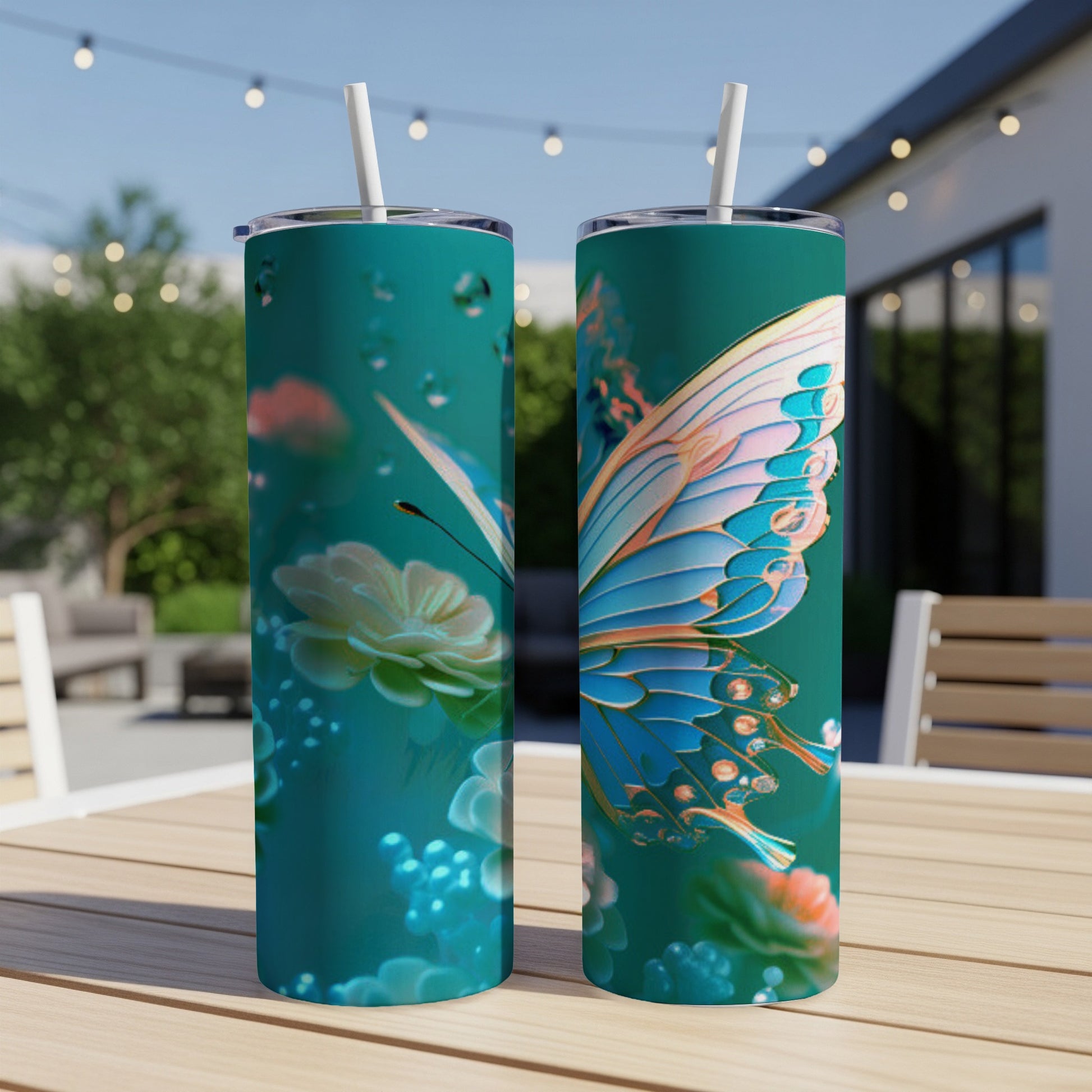Two teal tumblers with butterfly and floral design on outdoor table.