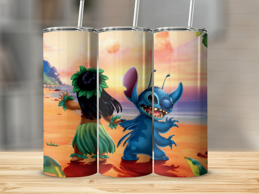 Vibrant beach scene with adorable blue character tumbler