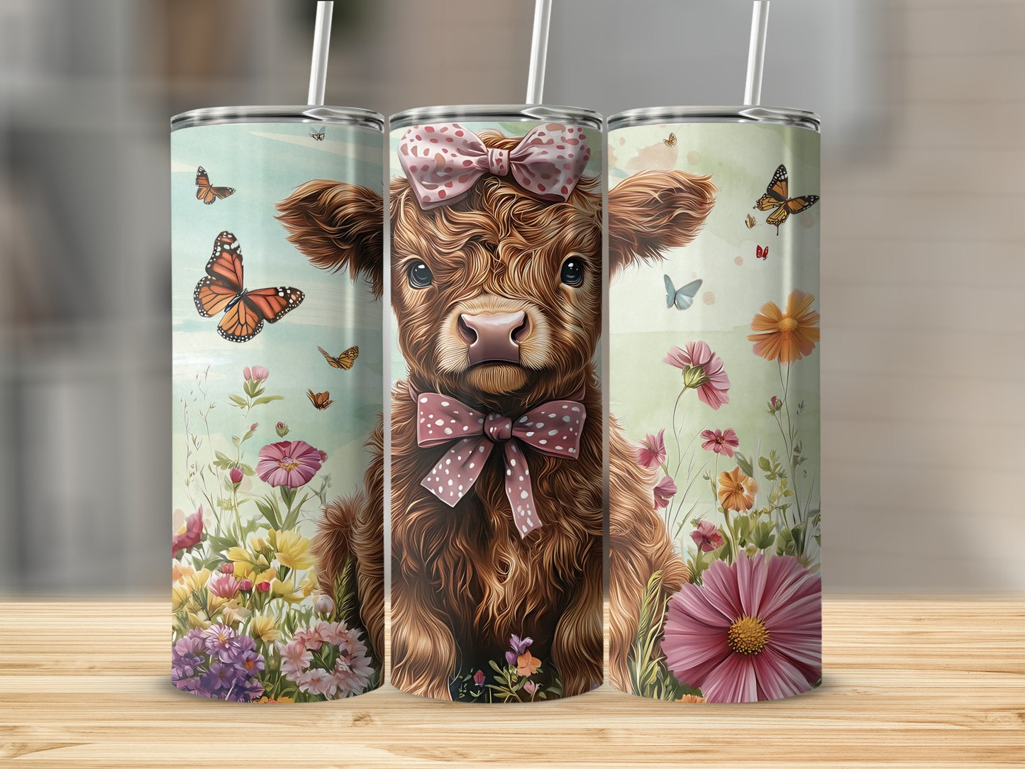 Adorable Highland Cow with Floral Background Tumbler