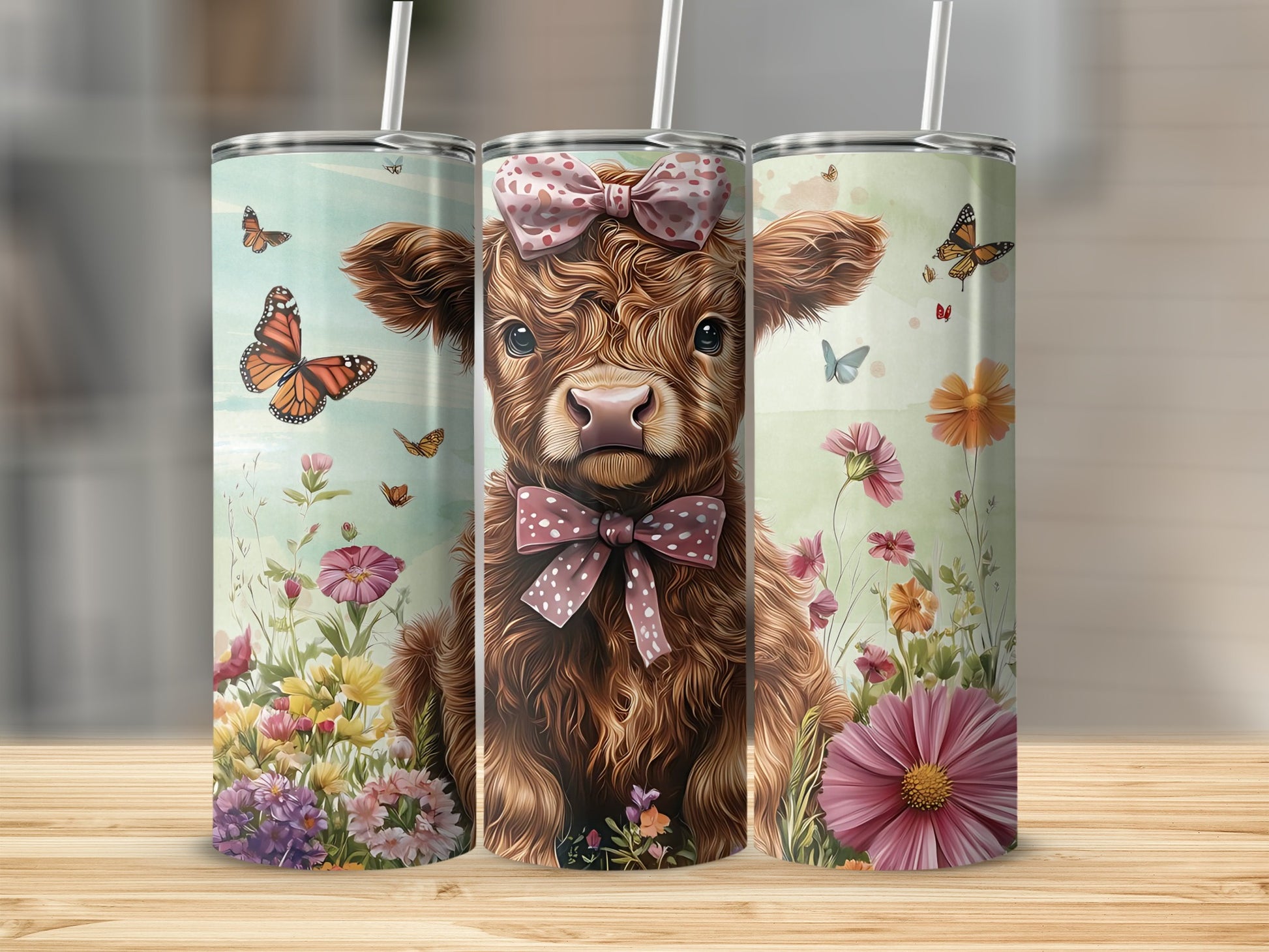 Adorable Highland Cow with Floral Background Tumbler