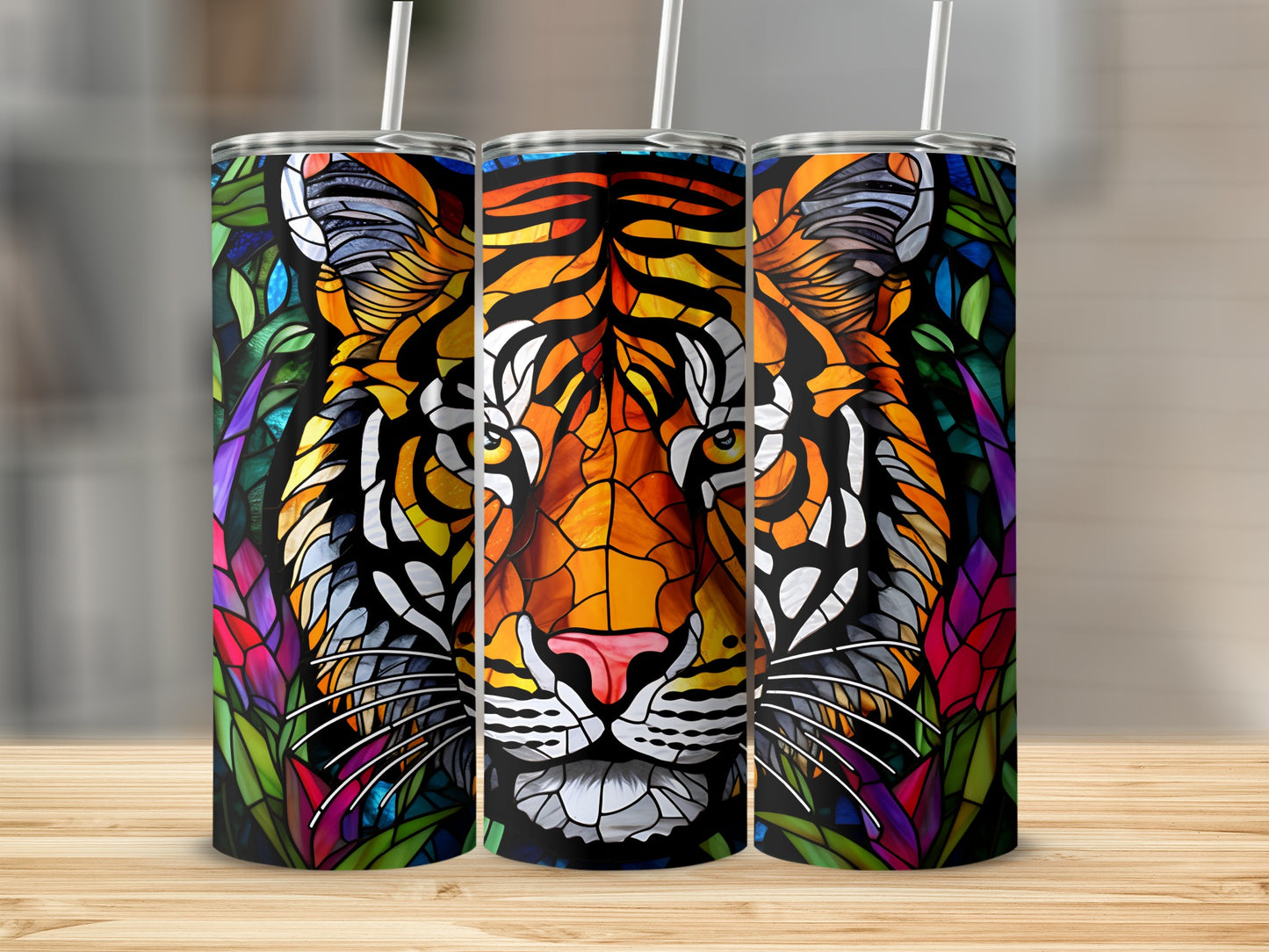 Stained glass tiger face on a tumbler with colorful floral accents.