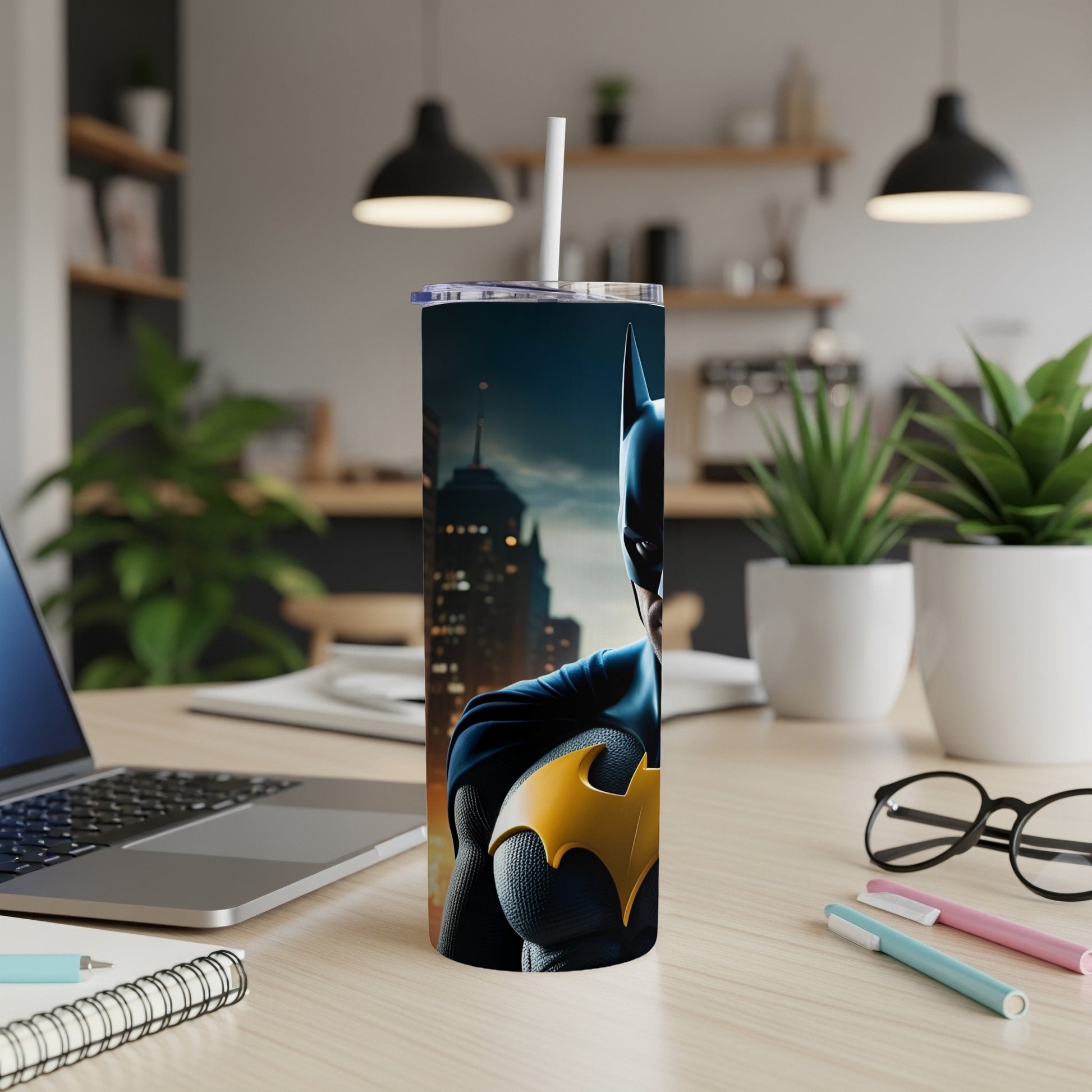 Batman tumbler with a city skyline background.
