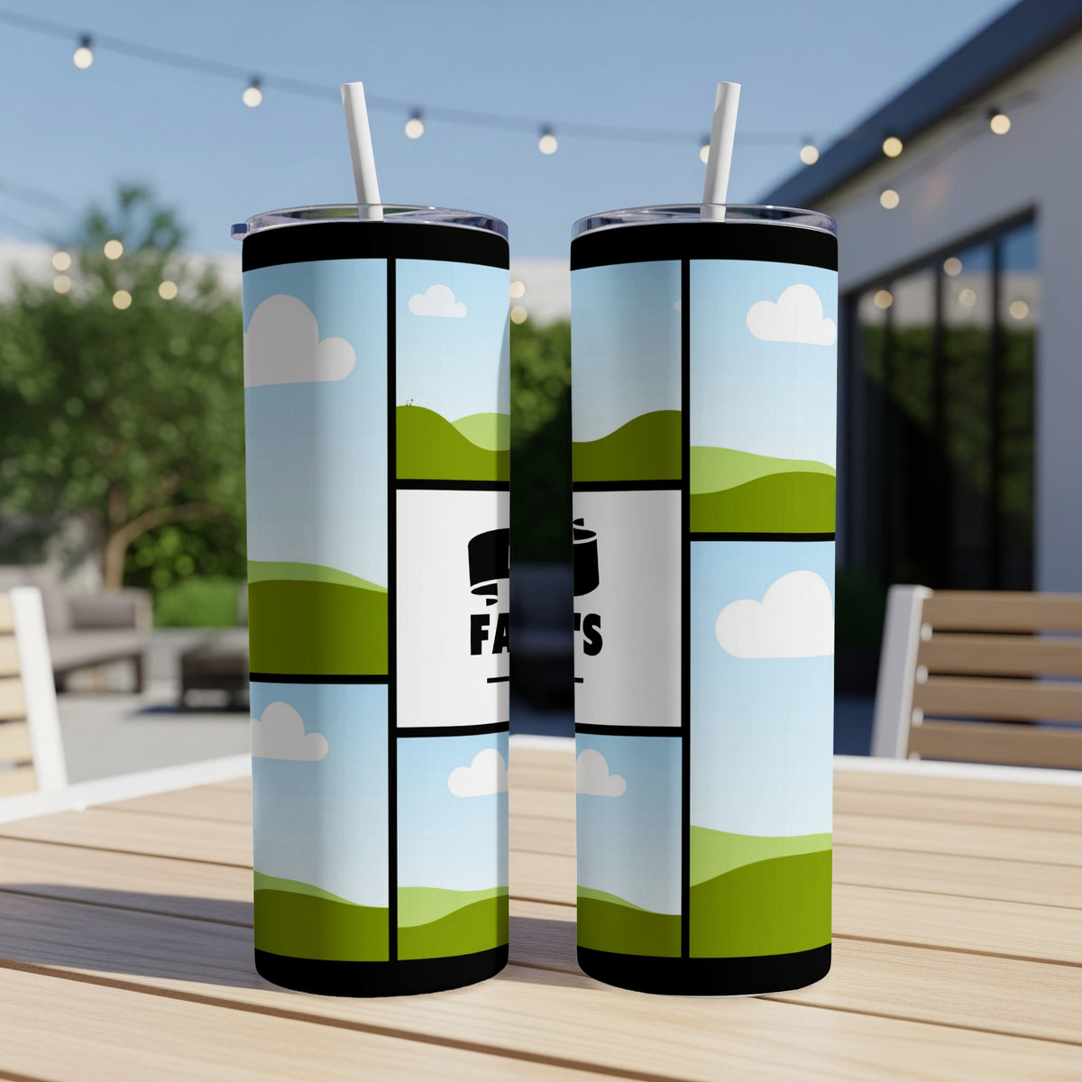 Two tumblers with a patchwork design of clouds and rolling green hills.