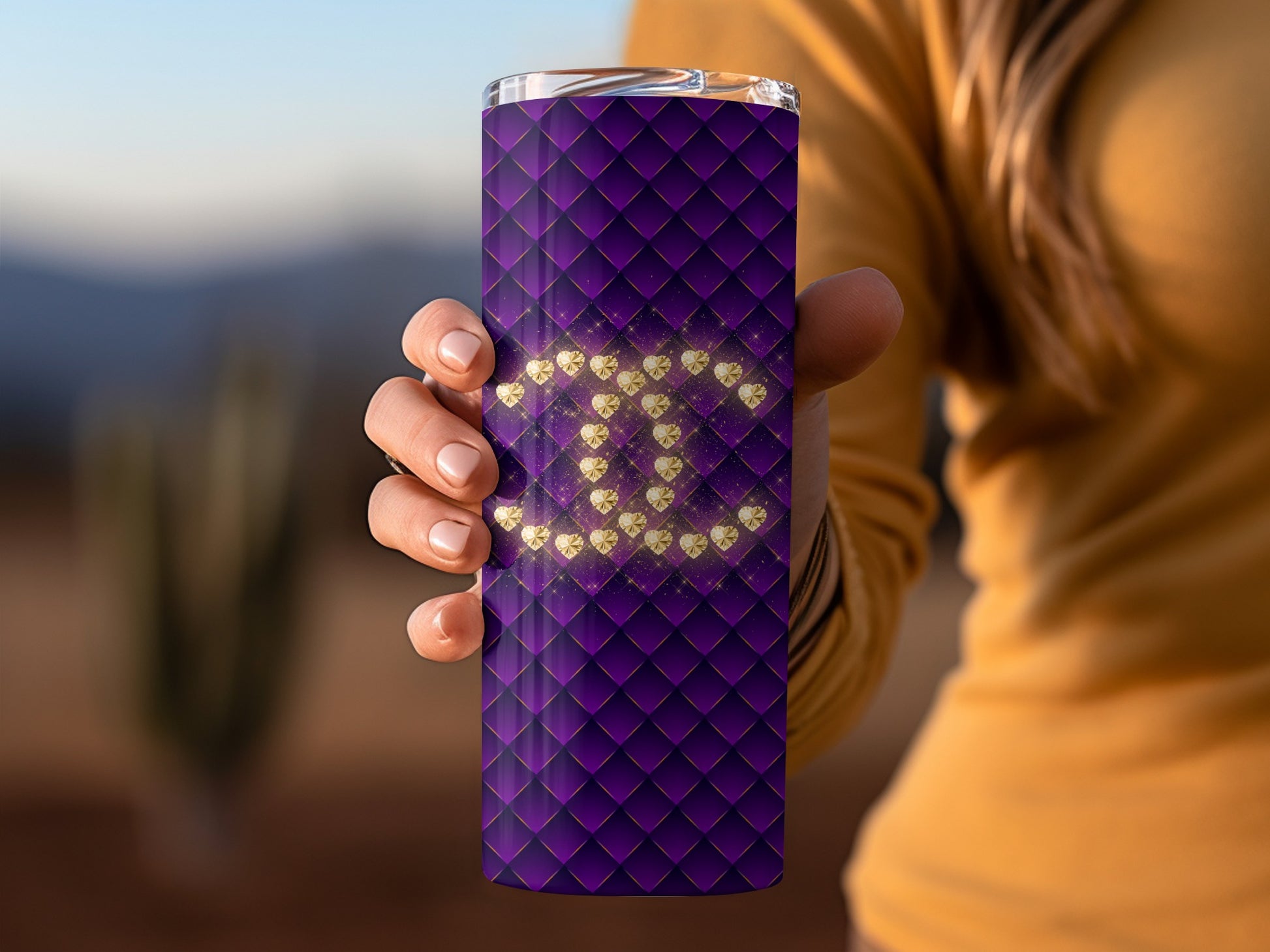Elegant Purple Tumbler with Patterned Design and Logo