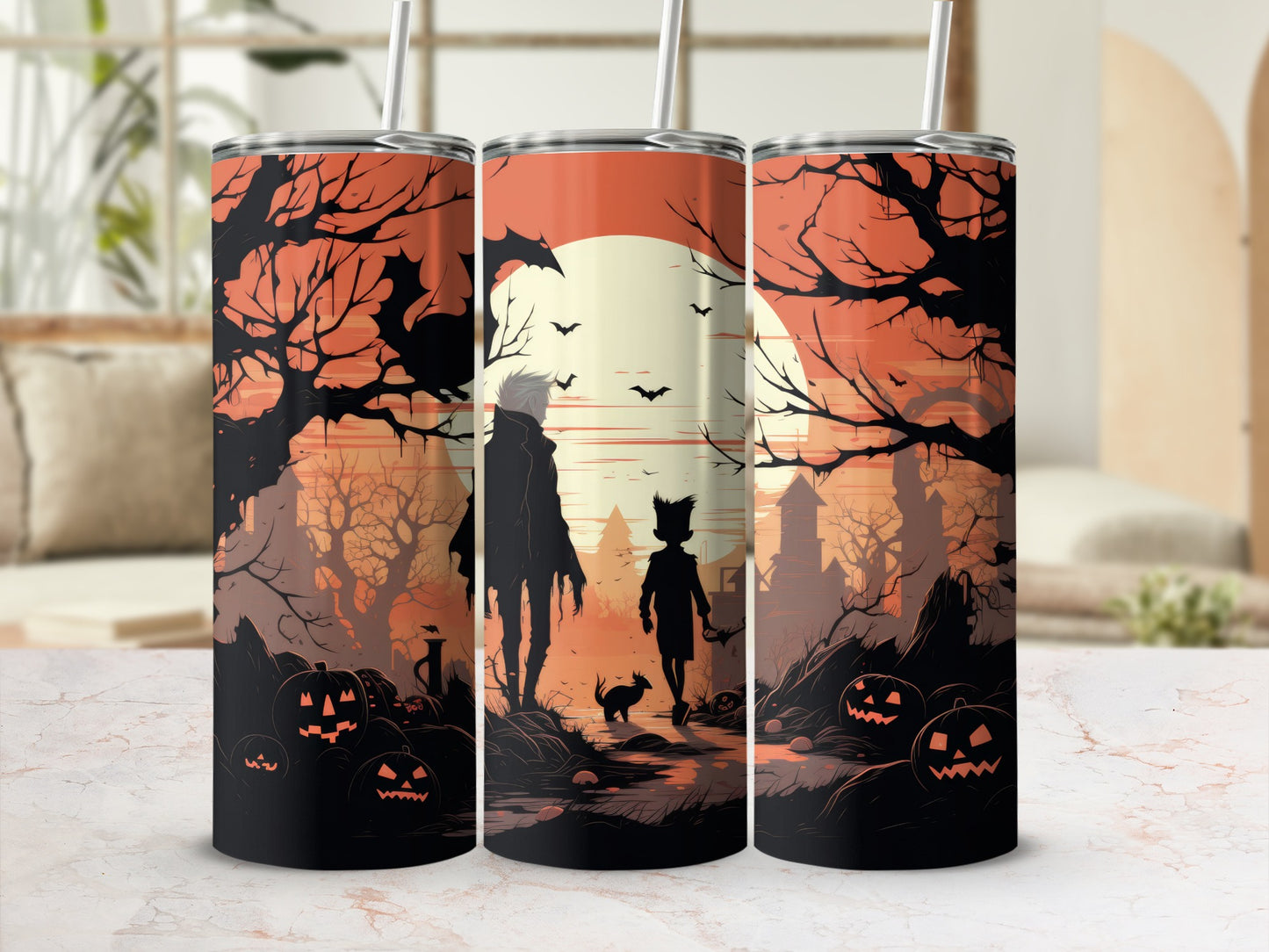 Halloween tumbler with spooky trees, pumpkins, bats, and silhouetted figures.