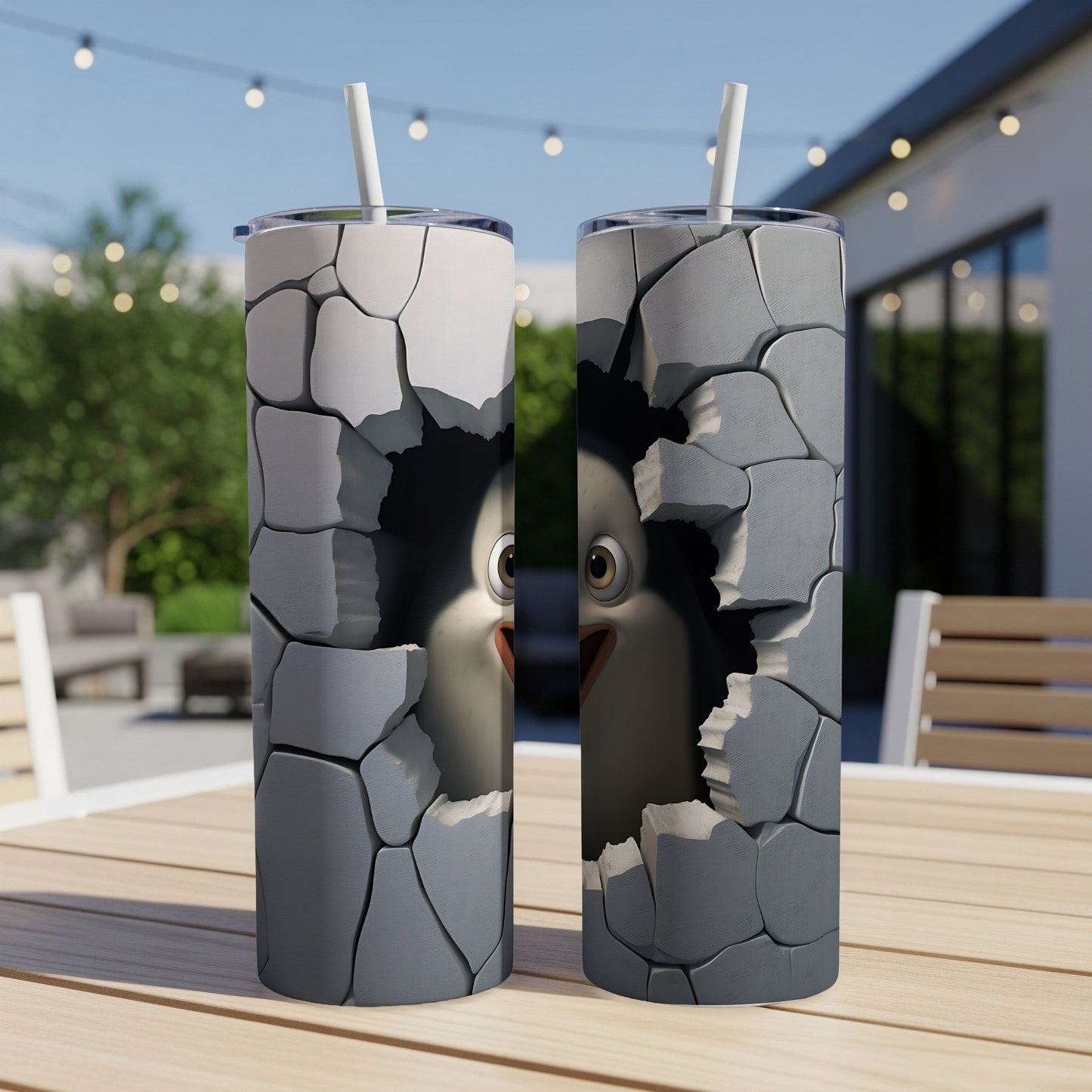 Two tall tumblers featuring a cartoon penguin breaking through a cracked wall.