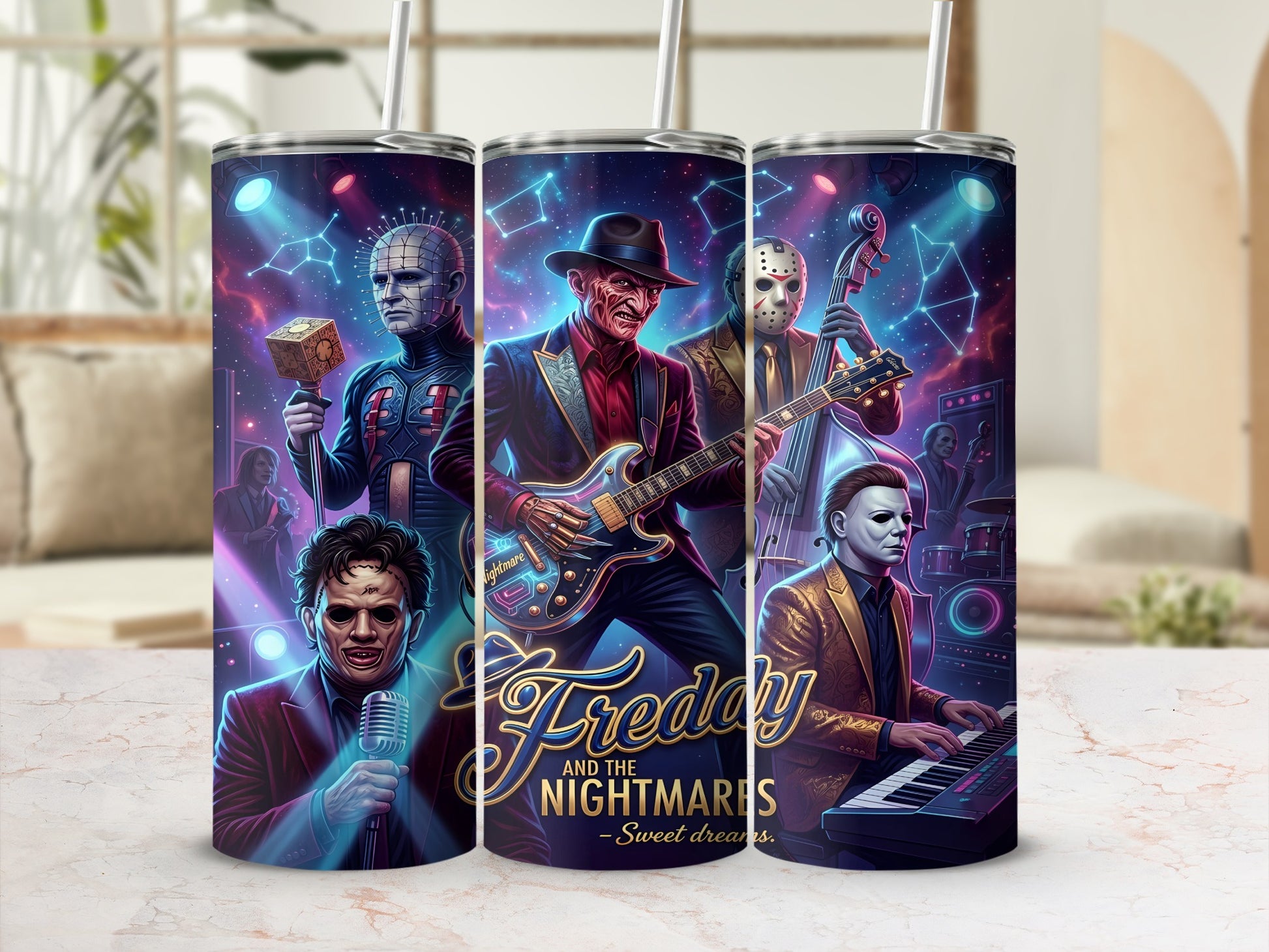 Freddy and the Nightmares band, featuring horror characters playing instruments, on a tumbler.