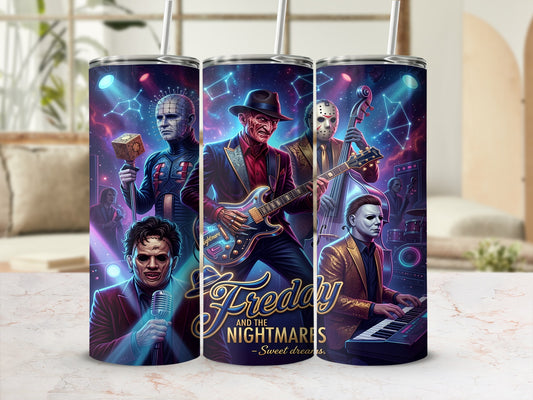 Freddy and the Nightmares band, featuring horror characters playing instruments, on a tumbler.