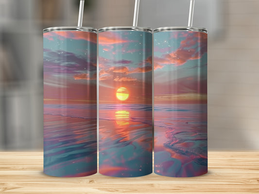 Three tumblers with a sunset beach reflection design.