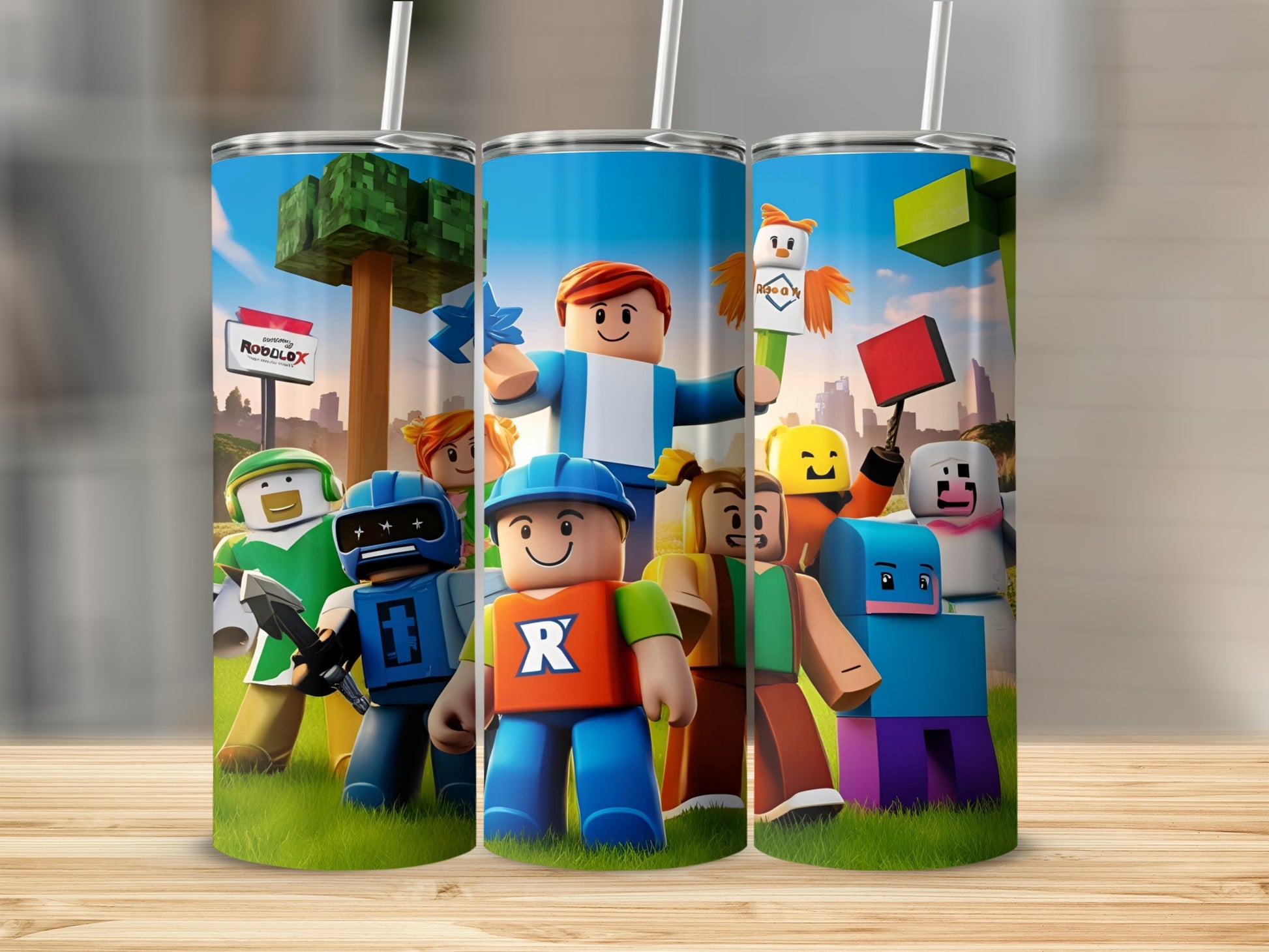 Roblox characters in a group on a grassy field with trees.