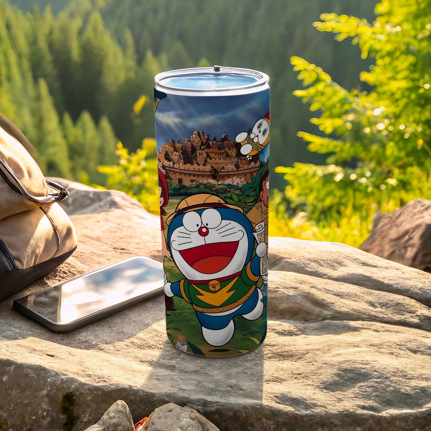 Colorful Travel Mug Featuring Fun Cartoon Characters