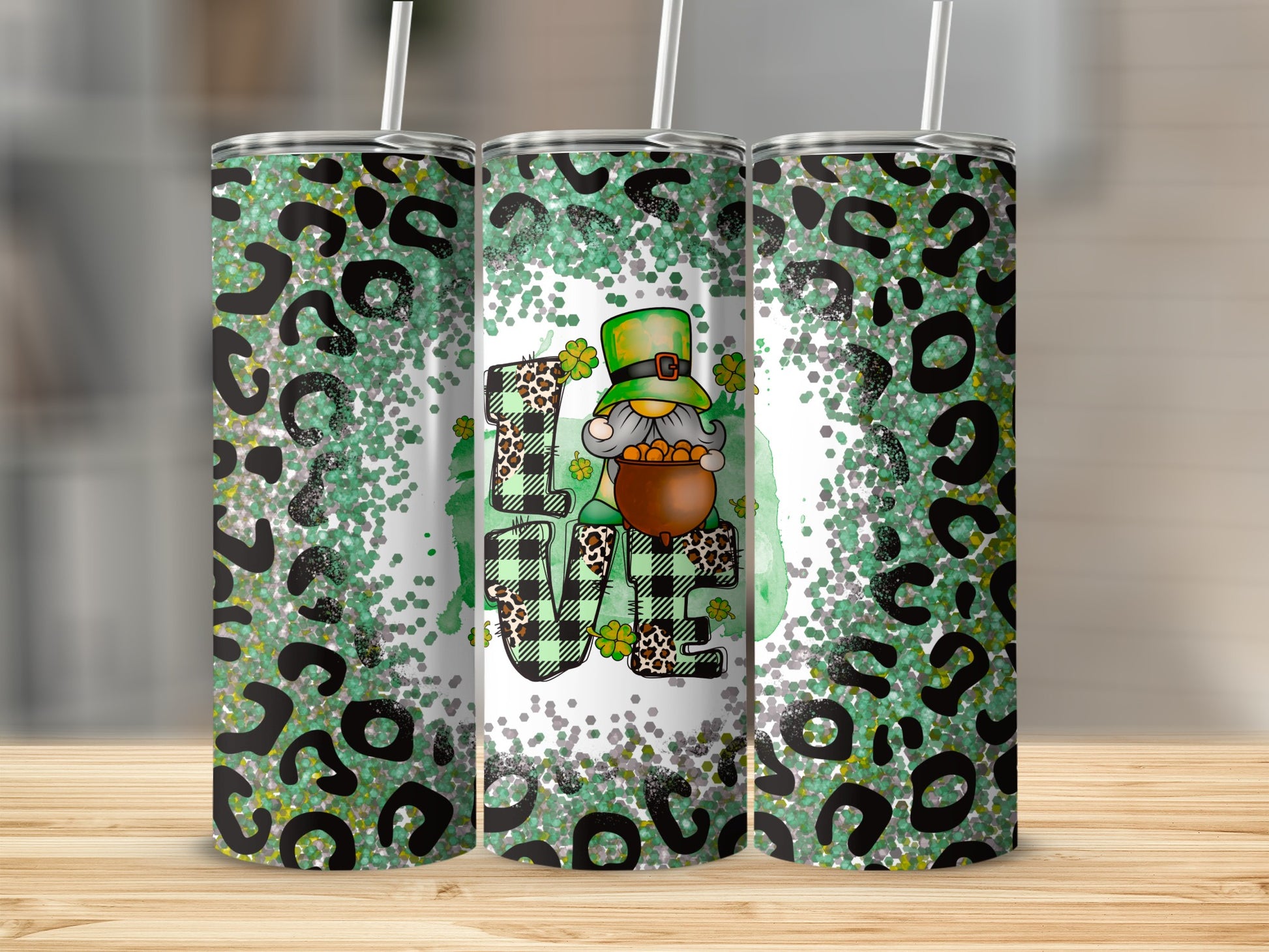 Leopard print tumbler with gnome and "LOVE" text for St. Patrick's Day.