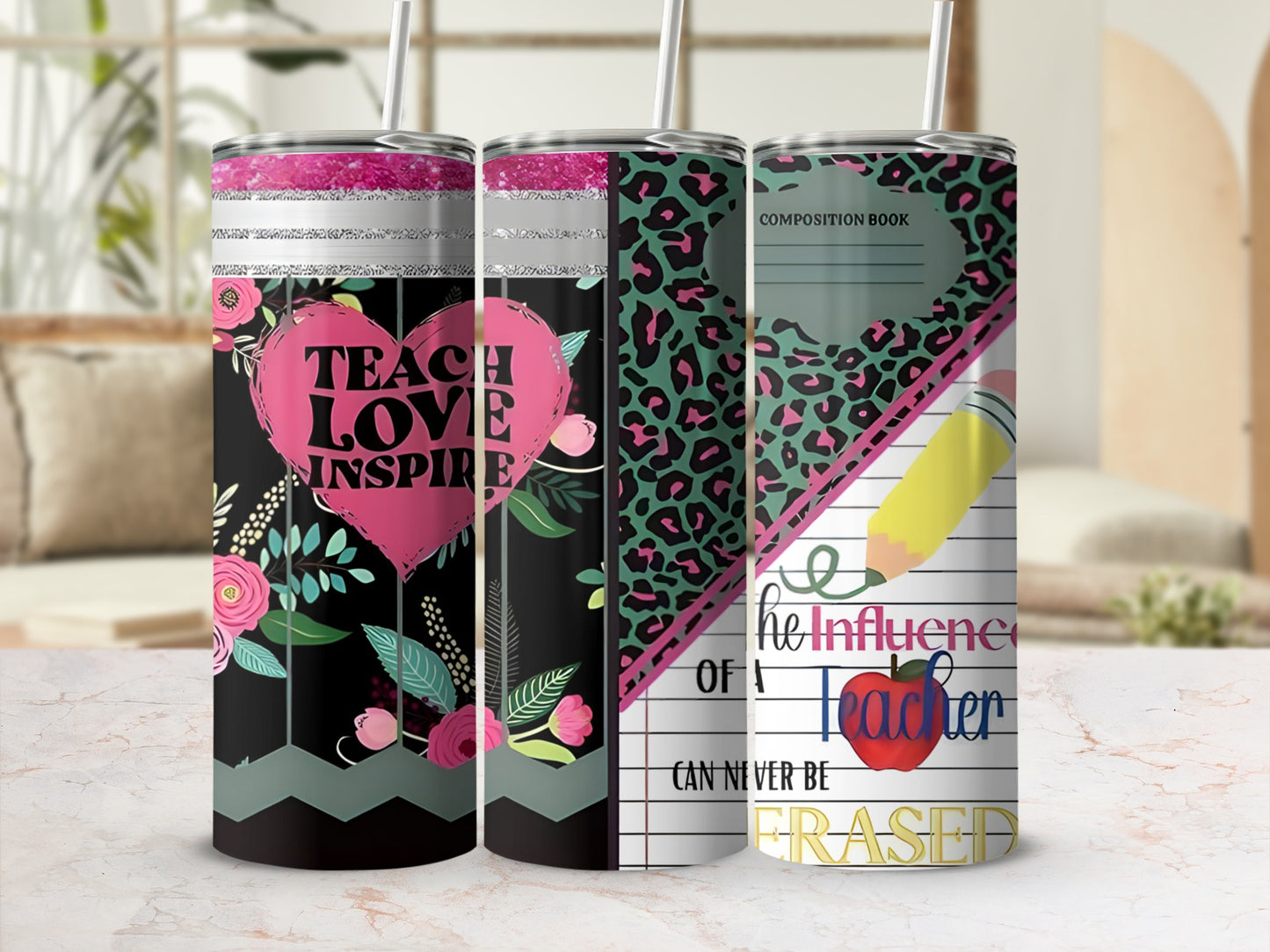 Teacher appreciation skinny tumblers with inspirational quotes and floral patterns.