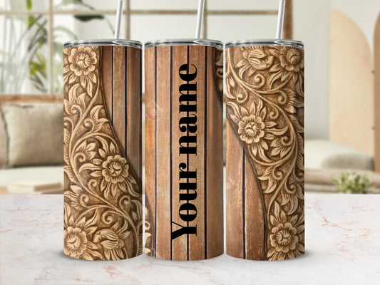 Personalized Floral Pattern Wood Style Tumbler