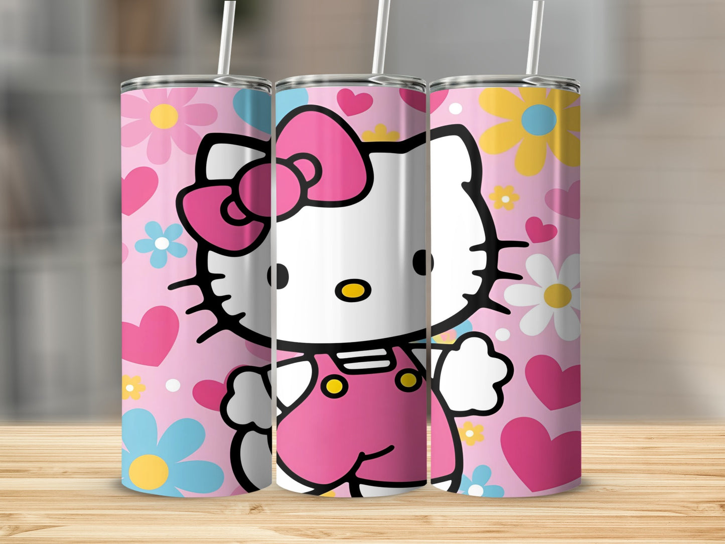 Hello Kitty in pink overalls on a pink background with floral patterns.
