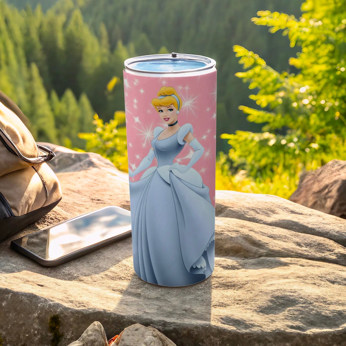 Cinderella Pink Background Stainless Steel Tumbler Cup