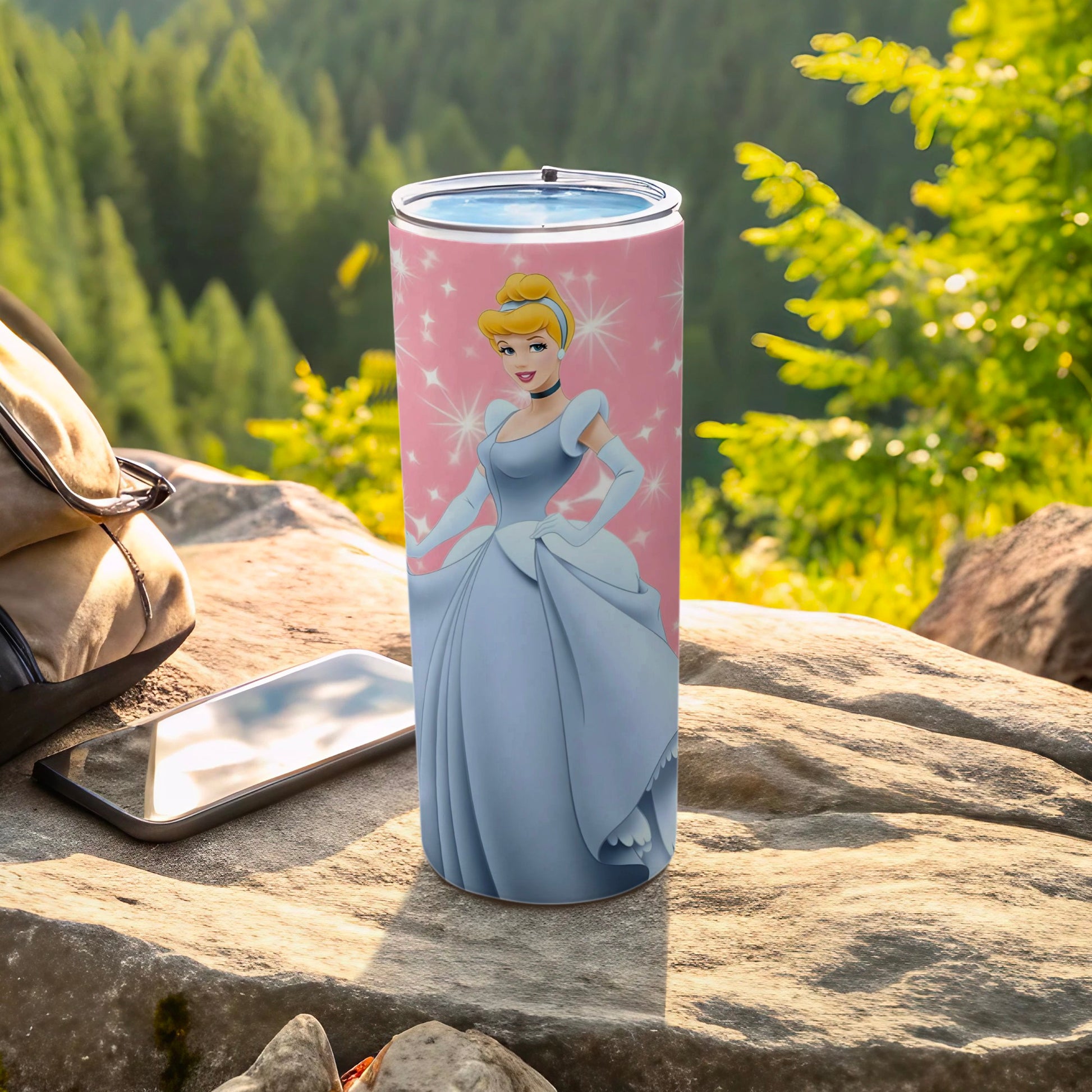 Cinderella Pink Background Stainless Steel Tumbler Cup