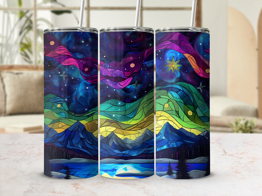 Three tumblers with a colorful mountain and starry night sky design.
