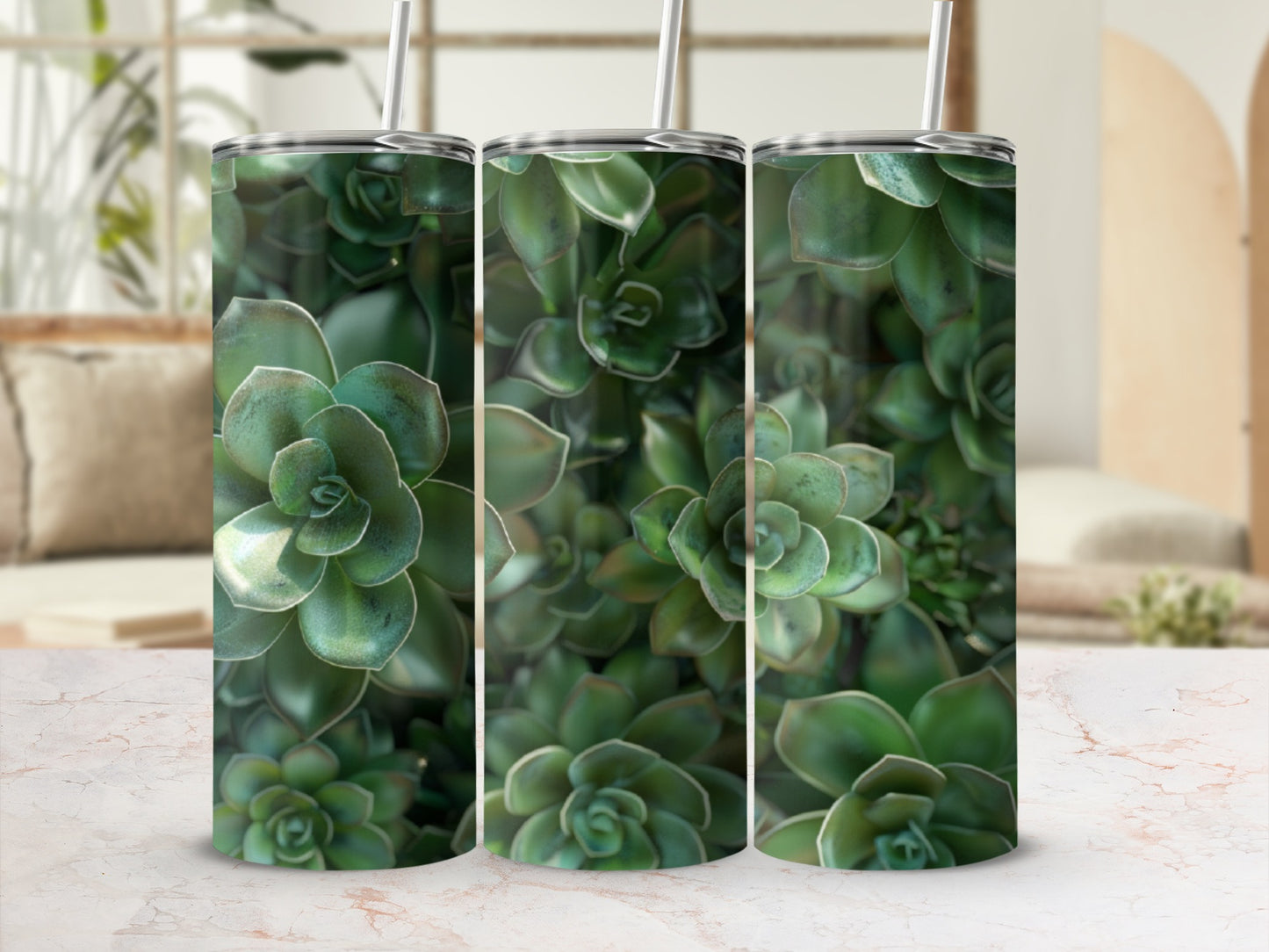 Three tumblers featuring a close-up of green succulent plants.