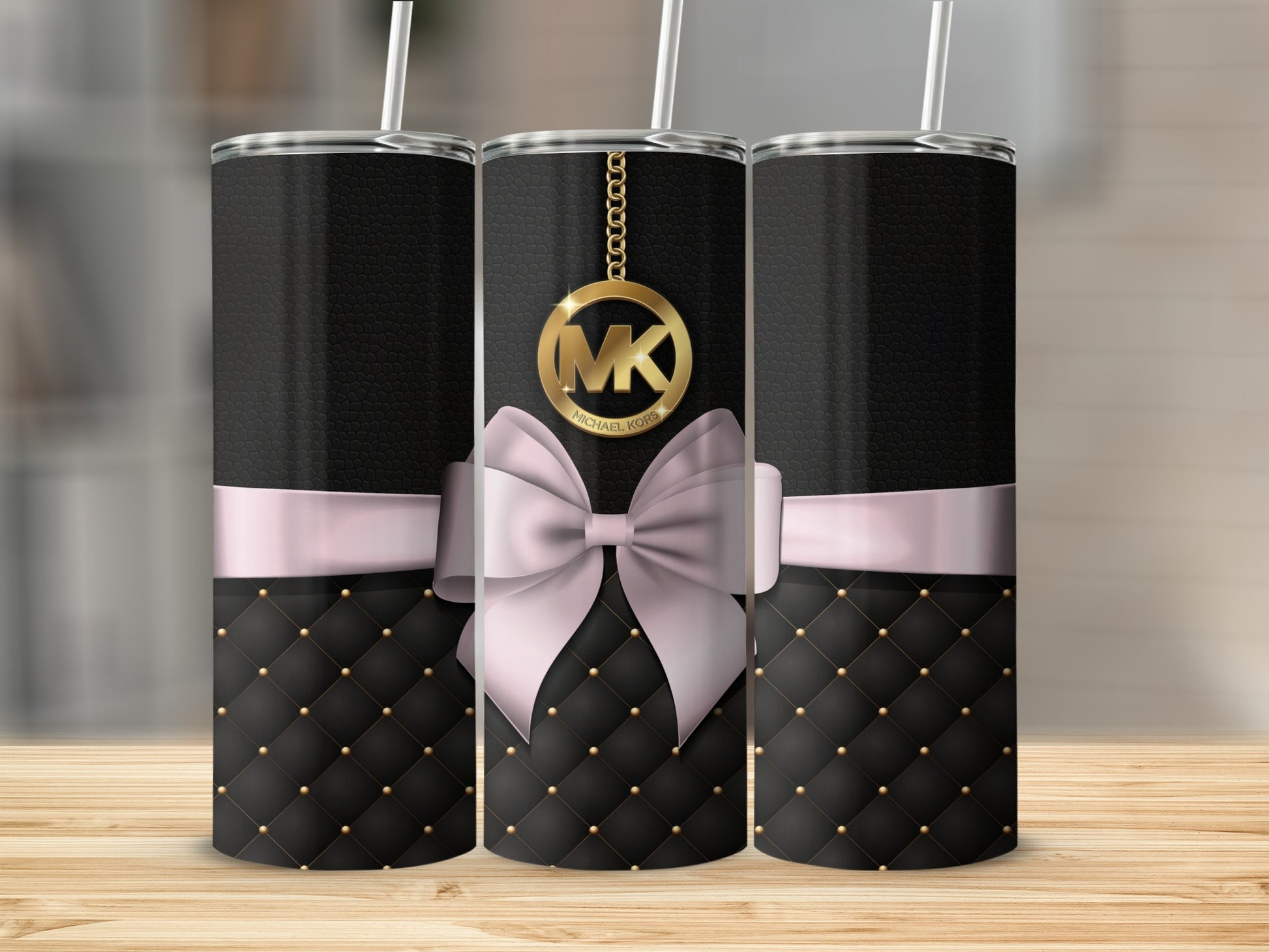 Elegant Black and Pink Quilted Tumbler with Gold Accent