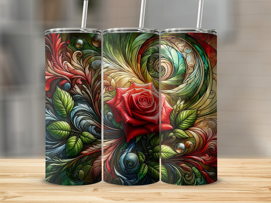 Three tumblers with a stained glass rose design on a wooden surface.